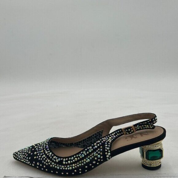 Women Pointed Toe Slingback Wedding Pumps Chunky Low Heel Rhinestone Sandals - Picture 3 of 8